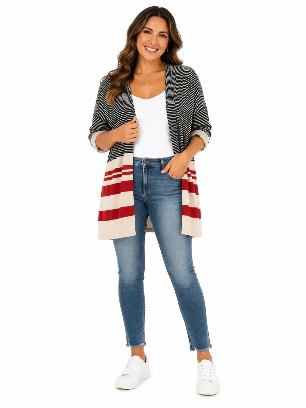 Striped Open Front Short Sleeve Cardigan - Picture 8 of 8